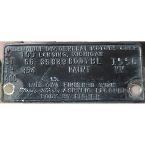 1966 Oldsmobile 88 Fisher Body Data Plate VIN Tag 4 Door Hardtop
